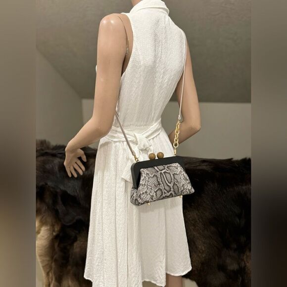 Snake Embossed Leather Handmade Wooden Frame Clutch, Wristlet, Crossbody Bag - Picture 9 of 16